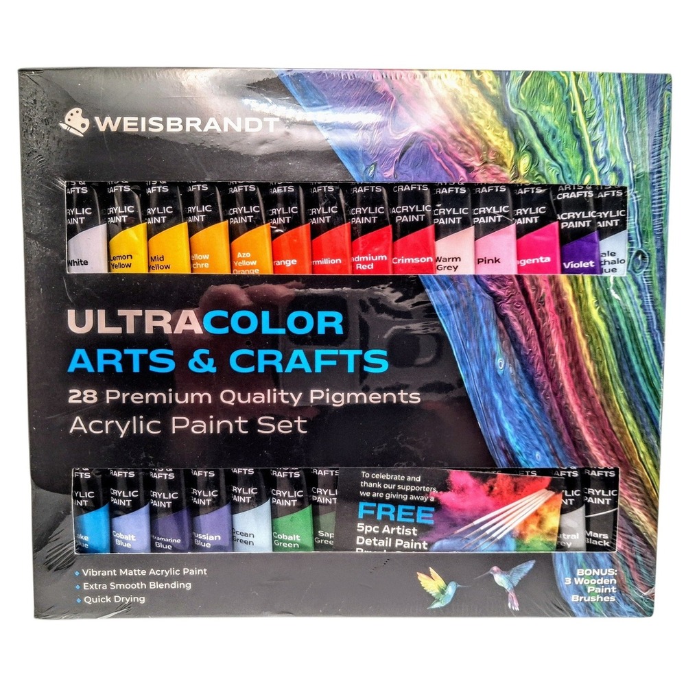 Weisbrandt Acrylic Paint Set Multicolor 28 Premium Pigments With 3 Paintbrushes